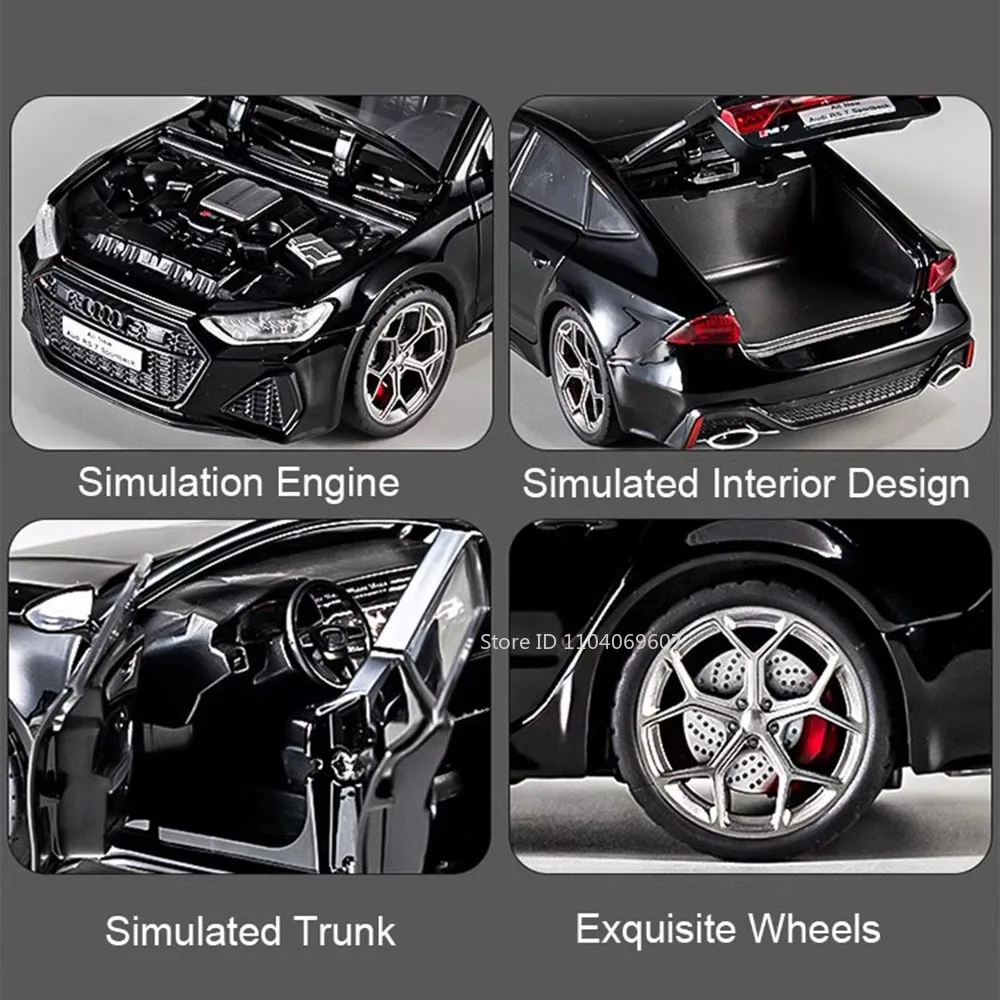 Modèle de voiture jouet RS7 Sportback A8, échelle 1:24, en alliage moulé sous pression, son et lumière, portes ouvertes, véhicule d'ornement, jouets pour enfants, cadeaux