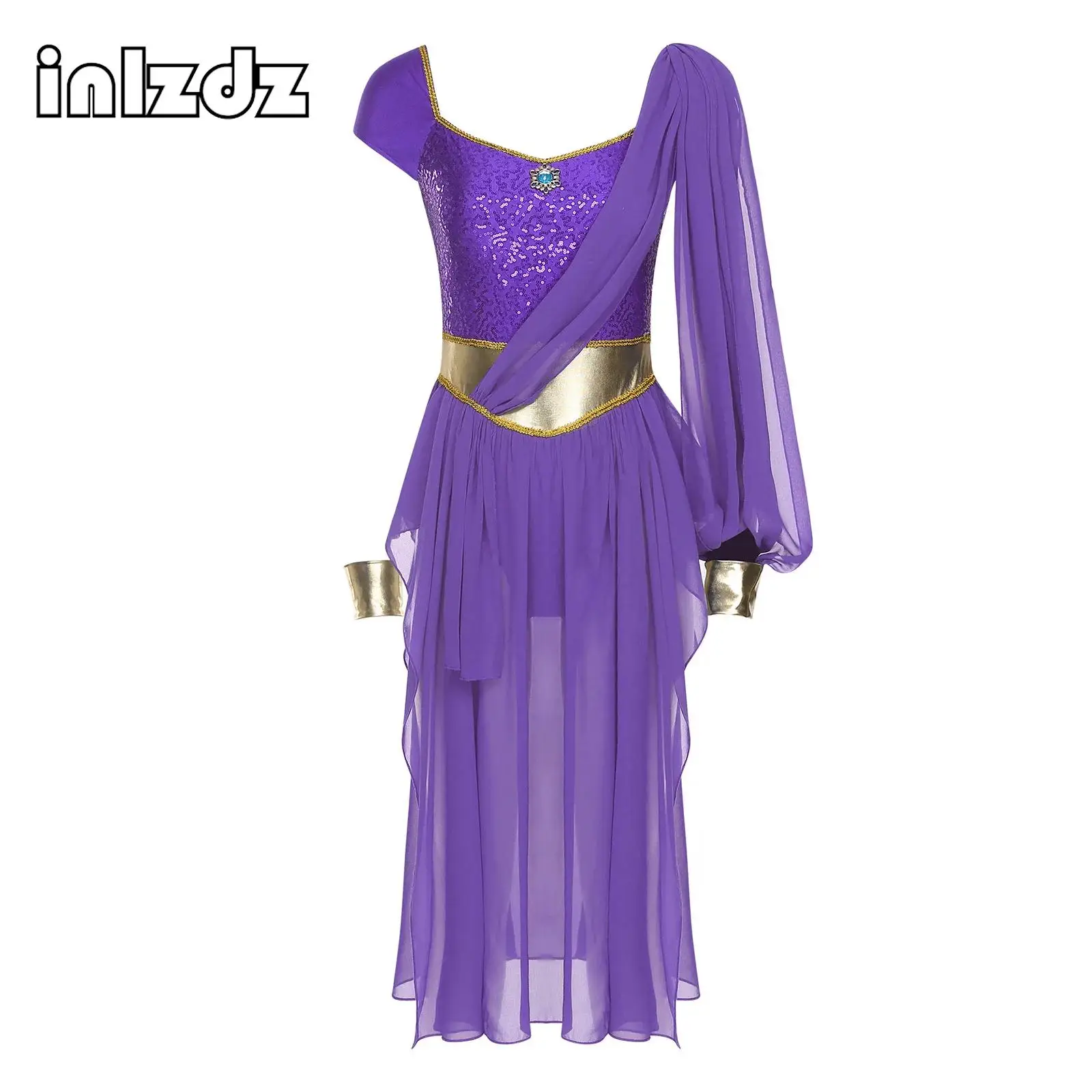 

Womens Arabian Princess Cosplay Dress Up Jumpsuit Costume Sleeveless One Shoulder Bodice Dress for Halloween Performance Party