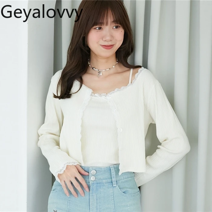 

Spring Autumn Knitted Cardigan New Japanese Style Fresh Sweet Camisole + Lace Round Neck Ribbed Cardigan Two-Piece Set