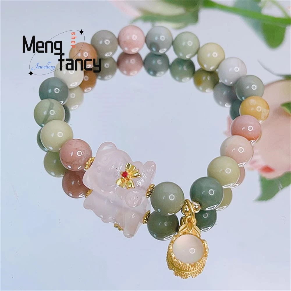 

Natural Color Alxa Bracelet Female Peach Blossom Powder Crystal Bear Simple Artistic Retro Beaded Bracelet Jewelry Holiday Gifts