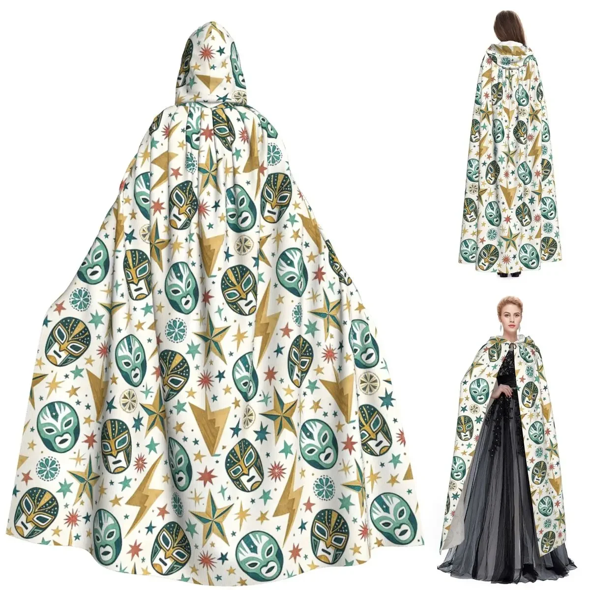 

Красочный мексиканский борца Luchador, длинный плащ с капюшоном, средневековый костюм ведьмы, накидка для косплея, Хэллоуин, вечеринка для взрослых, унисекс