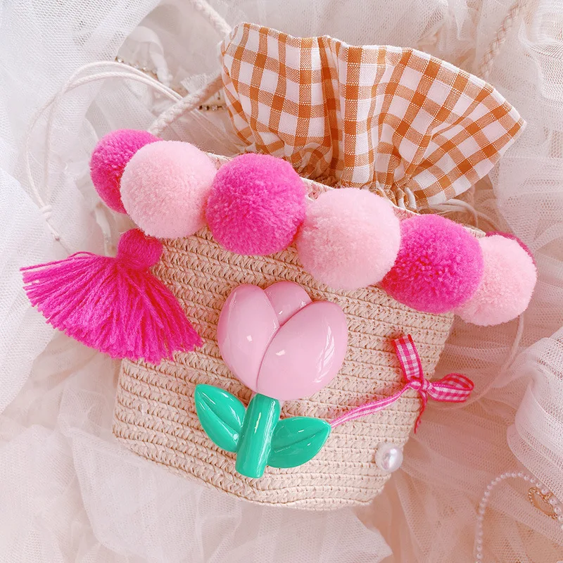 Women Beach Straw Bags with hair balls Ladies Summer outdoor Beach hat vacation bag Raffia Handbag Travel Basket Tote Bag