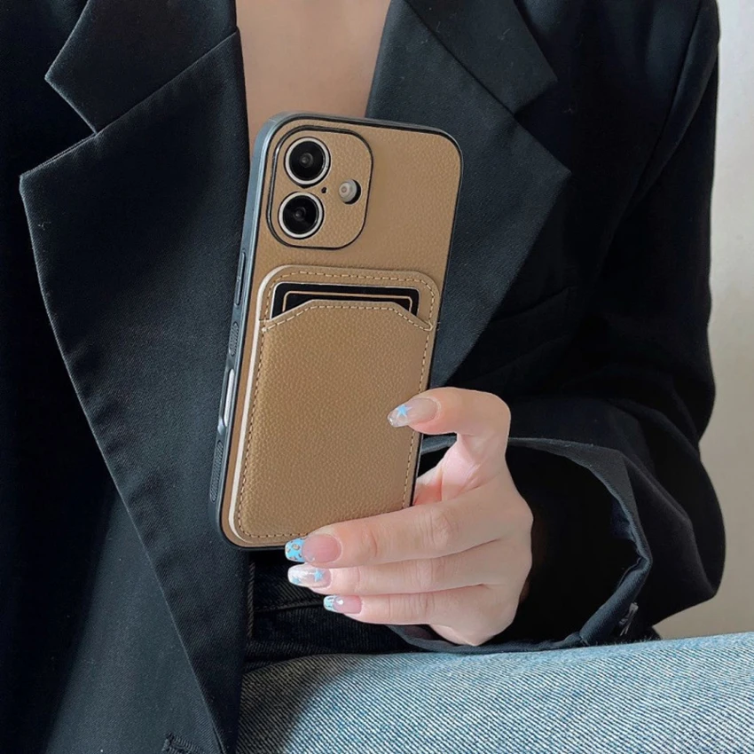 Casing Ponsel Saku Kartu Untuk Iphone 16 15 14 13 Pro 12 11 Max Plus 16Pro Kulit Cincin Lensa Casing Ponsel Kesederhanaan 15Pro Penutup Keras