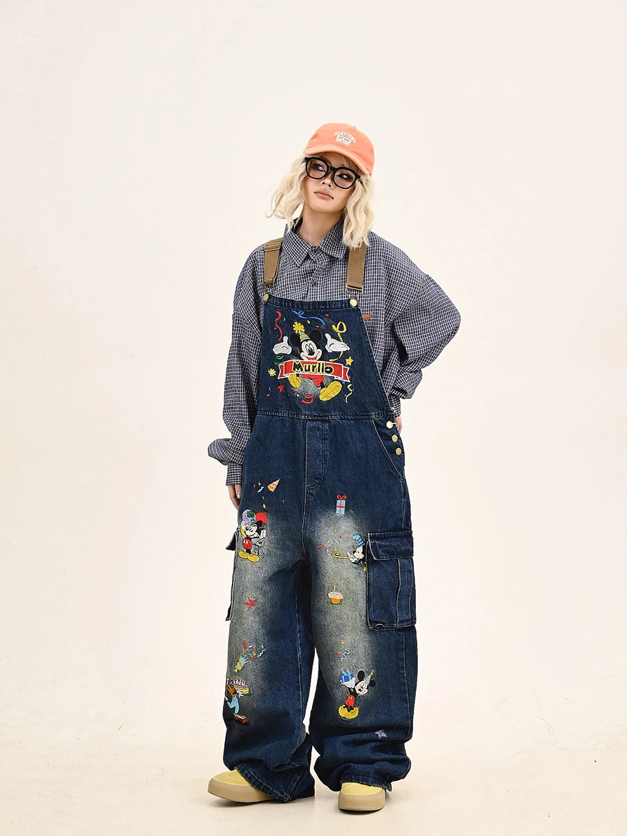 

Cartoon Denim Overalls Women's Bf Loose Japanese Sle Trendy Brand Spring New Long Pants l Waist Zipper Closure Wear R...