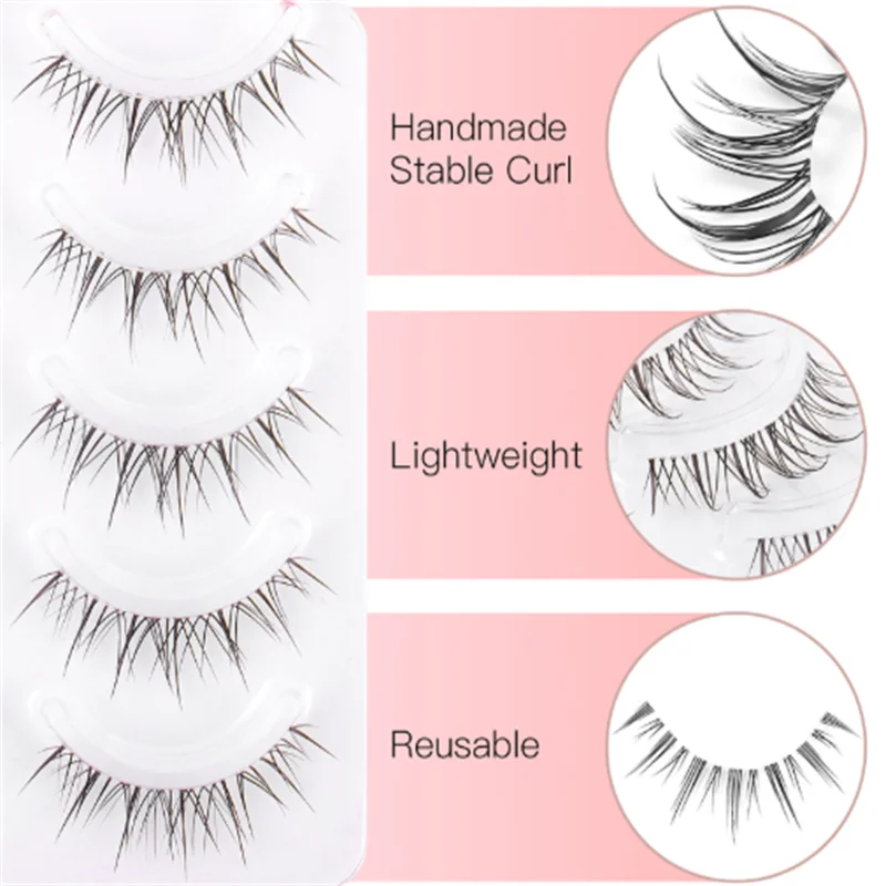 5 Paar/Box Natural Slim Wispy Manga Memory Fiber Strip Wimpern mit langanhaltender Wirkung