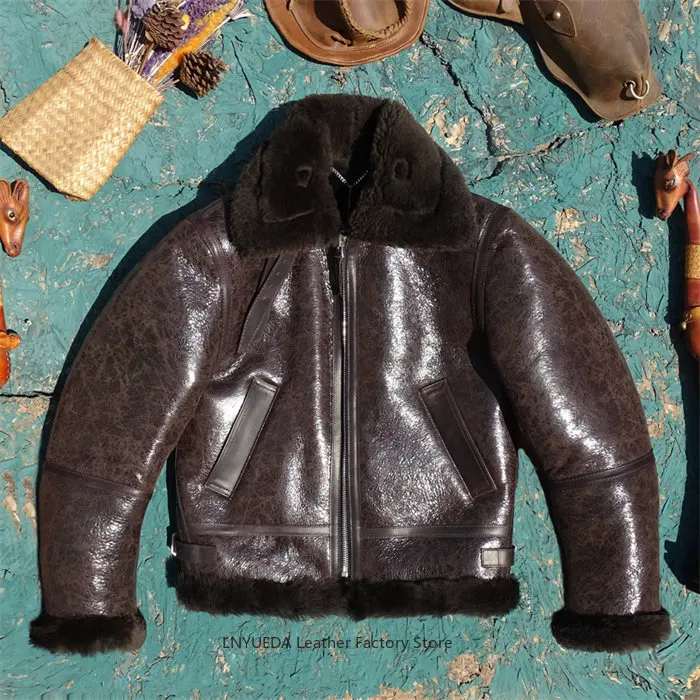 Men B6 Genuine Leather Jacket 1.8cm Thick Black Brown Cracked Distressed Top Grain Sheepskin Shearling Coat