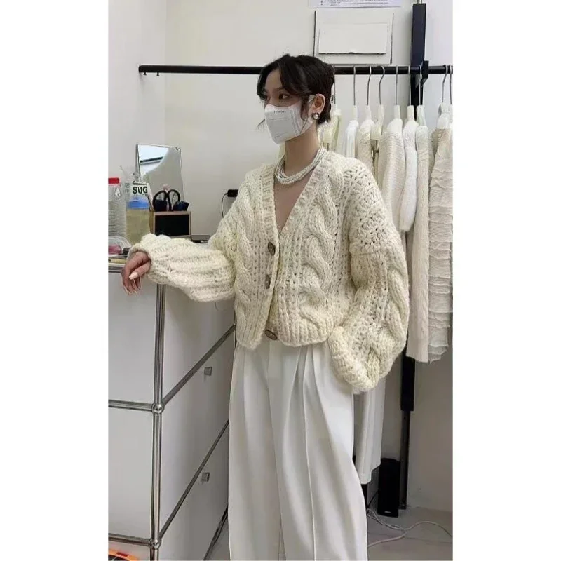 Hand-knitted Twist Cardigan Women V-Neck Loose-fit Short Style Chunky Sweater 2024 Winter Knitwear