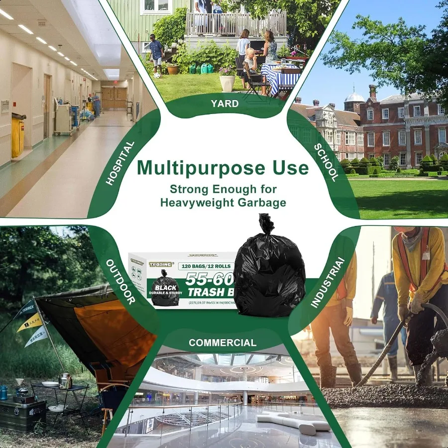 5560갤런 검정색 쓰레기 봉투 120매 40인치x53인치 특대형 50갤런 이상 쓰레기 봉투 무향 강력 대형 쓰레기통 라이너 (건설용)