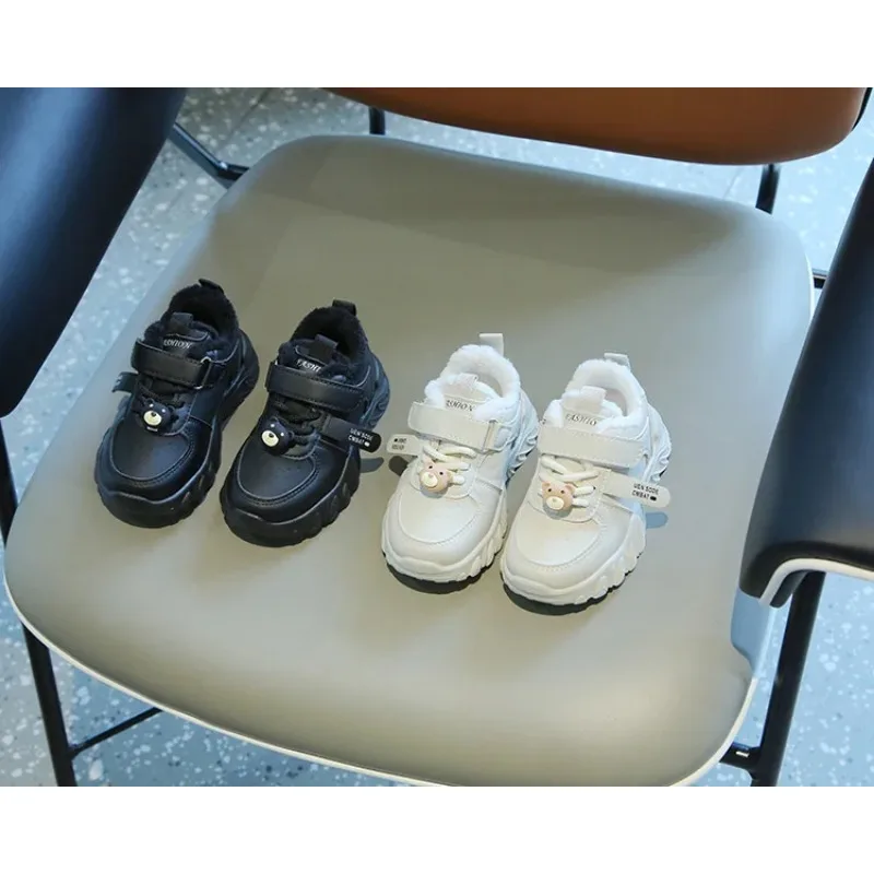 

Детские зимние утепленные повседневные кроссовки для мальчиков, теплая модная хлопковая обувь, флисовая обувь для девочек с толстым медведем, нейтральная нескользящая обувь на липучке для папы