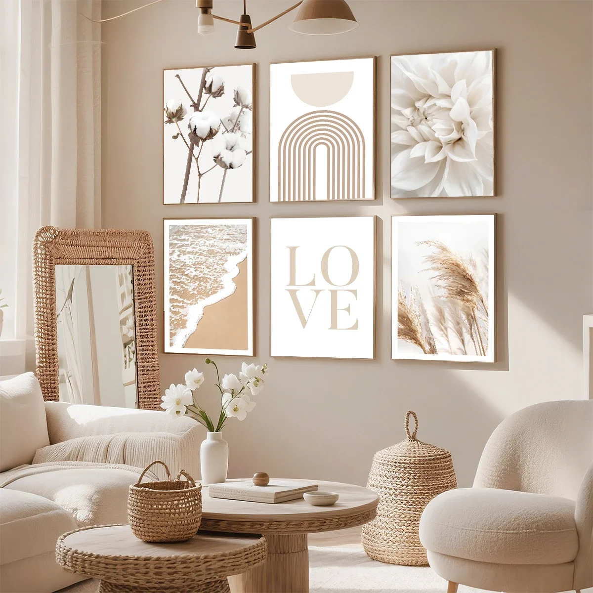 Multi-size 1PC frameless high-definition decorative paintings,Beige Pastel Quality Wall Art - Beach Print, Pampas Grass, Ocean,