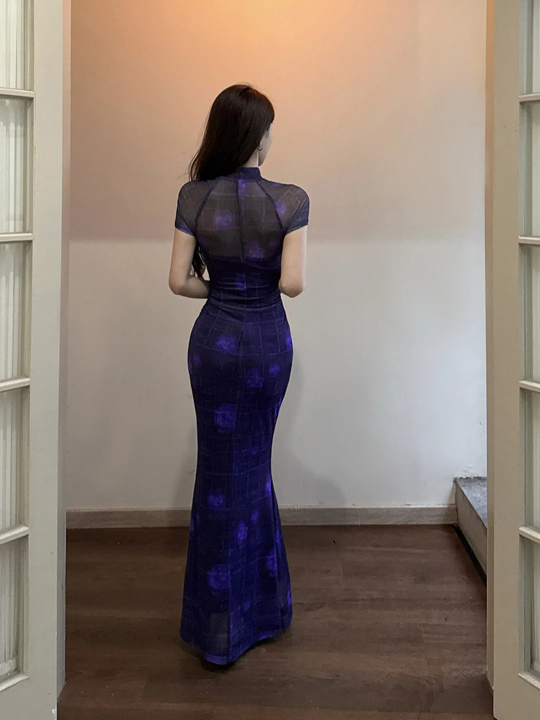 Retro Neo-Cinese Y2K Plaid Scava-out Viola Midi Elegante Sottile Sheer Vestito Aderente Abito da Sera delle Donne Del Partito Parm Vestido Robe