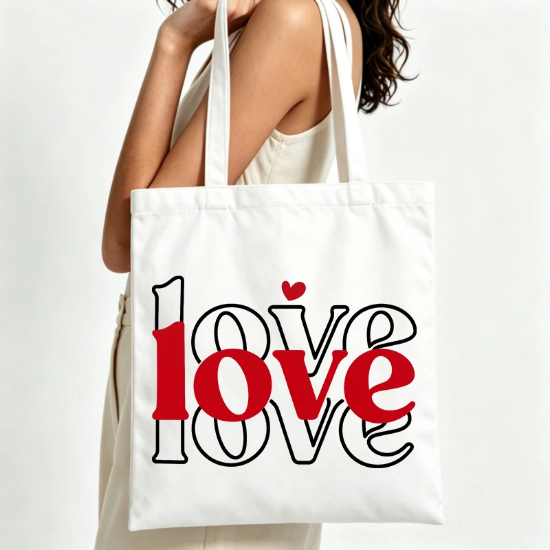 love typography print canvas tote bag, casual style for daily shopping and outings