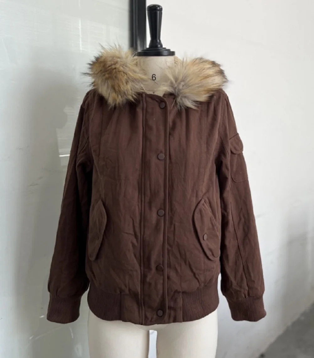 American Retro Autumn And Winter Jacket Brown Lining Hooded Short Jacket For Women Slim Fit Button Detail Long Sleeved Zipper