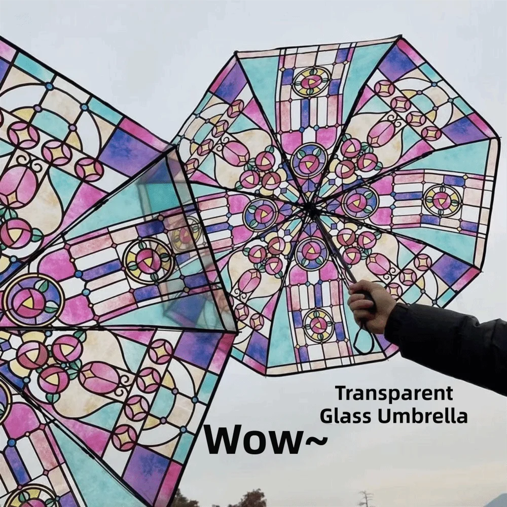 Hand-Painted Design Transparent Umbrella Stained Glass Print Automatic Opening Automatic Umbrella Three-fold Design