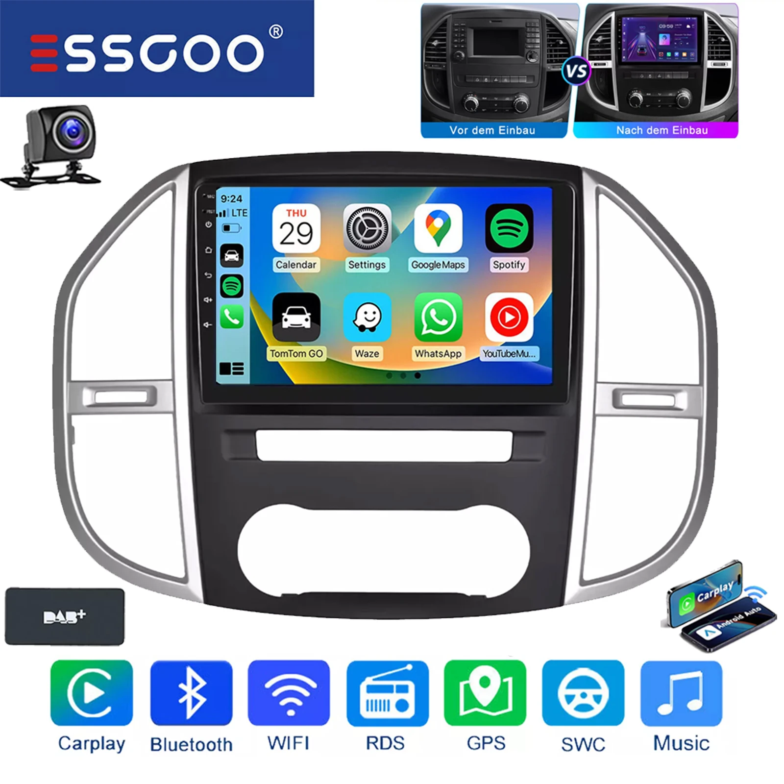 ESSGOO 10 "2 DIN Android 14 Autoradio Multimedia Video Player Voor Benz Vito 3 W447 2014-20 GPS Navi 32 GB/64G Carplay WIFI RDS BT