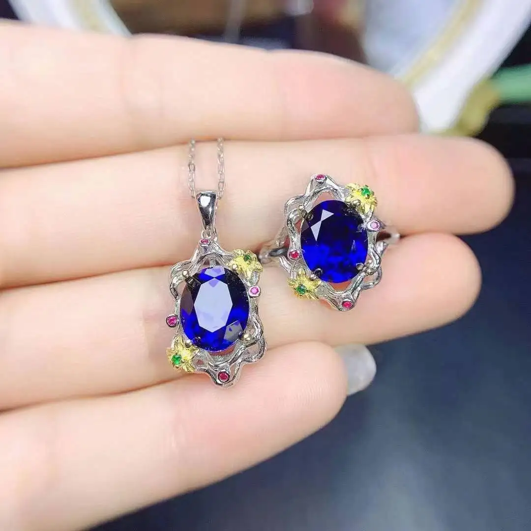 100% Natural Real Sapphire Set 925 Sterling Silver Women Jewelry set 1pc ring,1pc pendant