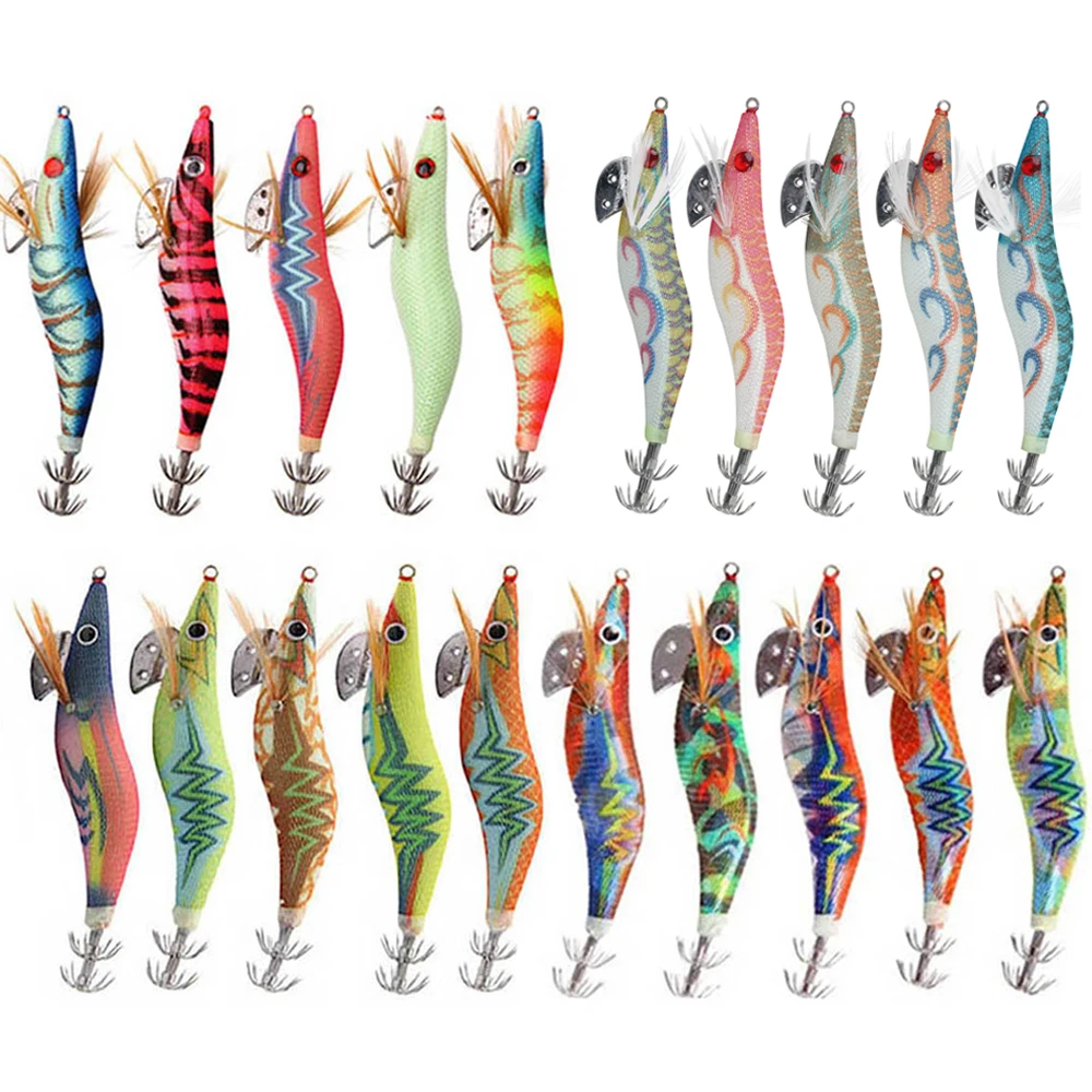 20Pcs Squid jig Shrimp bait Wood lure Saltwater Luminous 3D Eyes Glow Octopus cuttlefish lure UV Squid bait jigging fishing lure