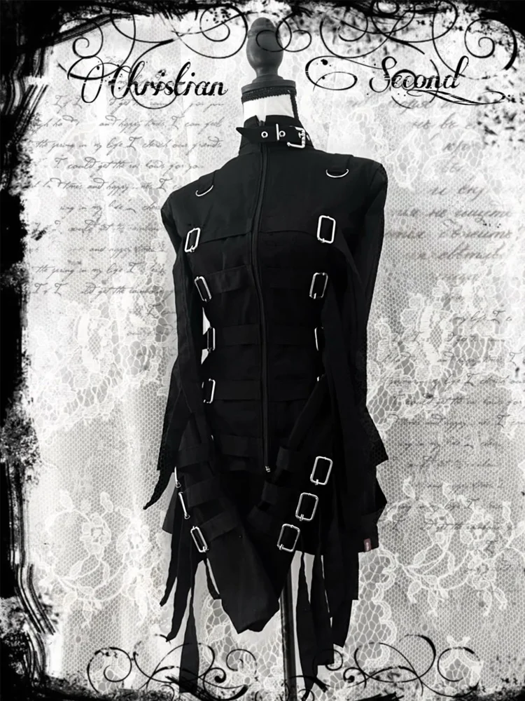 Women Gothic Punk Vintage Y2K Aesthetics Jacket Stand Collar Full Zip Multi Straps Metal Buckle Slim Fit Streetwear Top