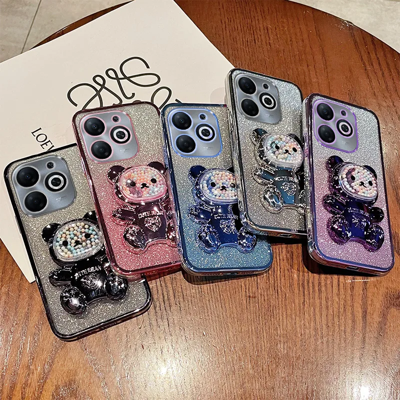 For itel P55 Case Soft Silicone Bling Shockproof Electroplated TPU Cell Phone Casing For A666L Back Cover Cute Bear Stand