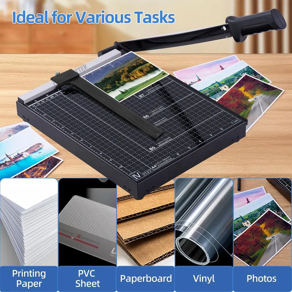 قطعة واحدة من قاطعة الورق الاحترافية مقاس A4 باللون الأسود مع قاعدة معدنية شديدة التحمل لقطع البطاقات والصور والحرف اليدوية.