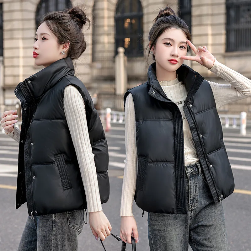 2025 Winter Down Cotton Vest Women High-End Sense Matt Fabric Sleeveless Short Jacket New Casual Zip Up Stand Collar Warm Parkas