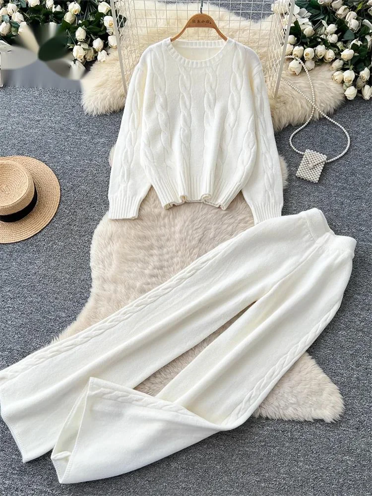 Women Cozy Casual Sets Autumn Twist Drill Knit Soft Pullover+Loose Trousers  Solid Basic Daily Knitwear 2Pcs Sets