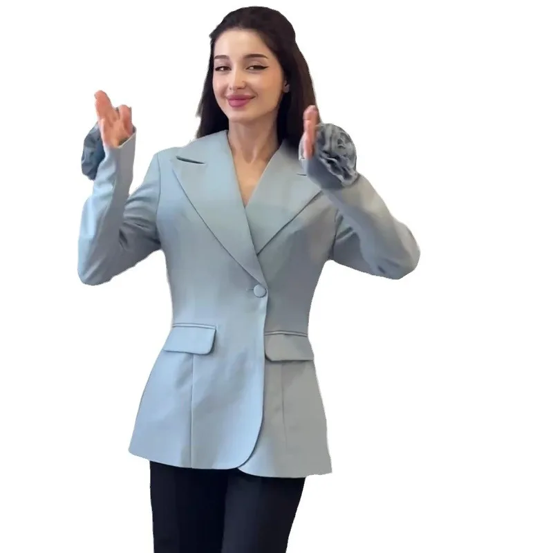 المرأة مصممة معطف سليم صالح كم طويل الأزهار تقسم السترات التلبيب زر واحد الصلبة معاطف نحيل مكتب سيدة الخريف #5