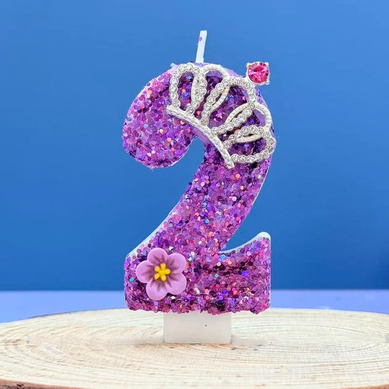 Princess Water Diamond Crown Purple Sparkling Candleflower Digital Birthday Cake Top Cover Party Supplies
