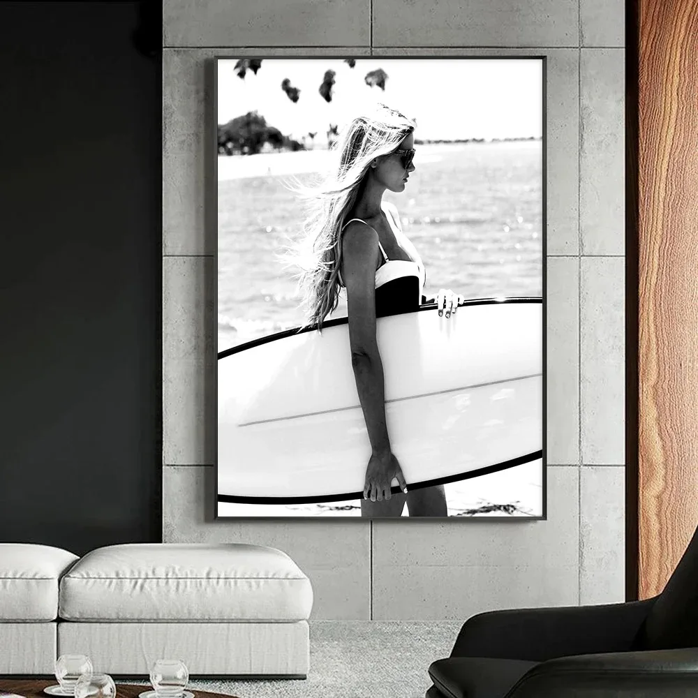 Black White Surfer Vintage Beach Surfboard Hawaii Girl Surfing Poster and Canvas Printing Wall Art Picture for Room Home Decor