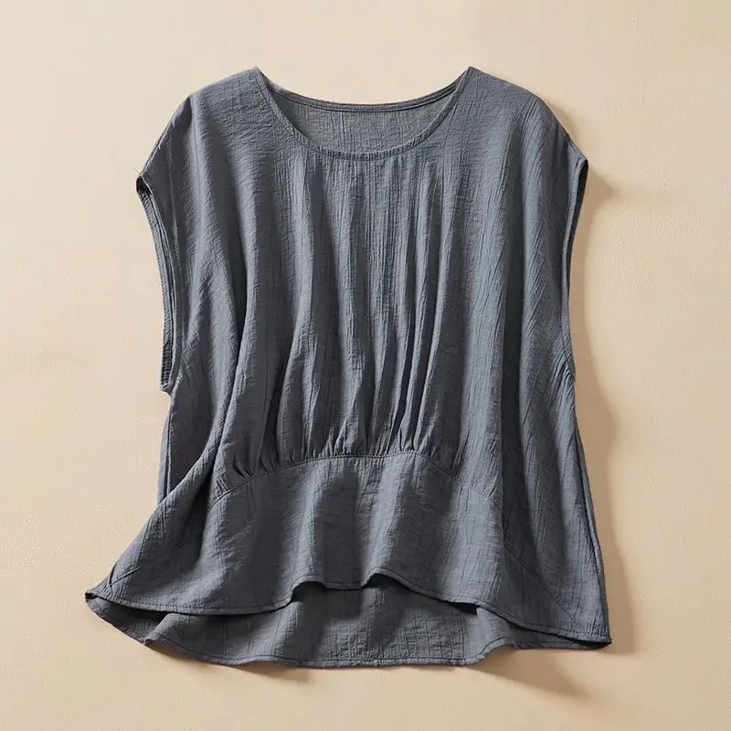 Summer Pleated Cotton and Linen Casual Women New Sleeveless T-shirt Vintage Round Neck Loose Solid Color Appear Thin Insert Tops