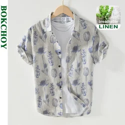 Lino de camisas de manga corta para hombre, ropa de calle delgada con estampado, BL996, novedad de verano, 100%