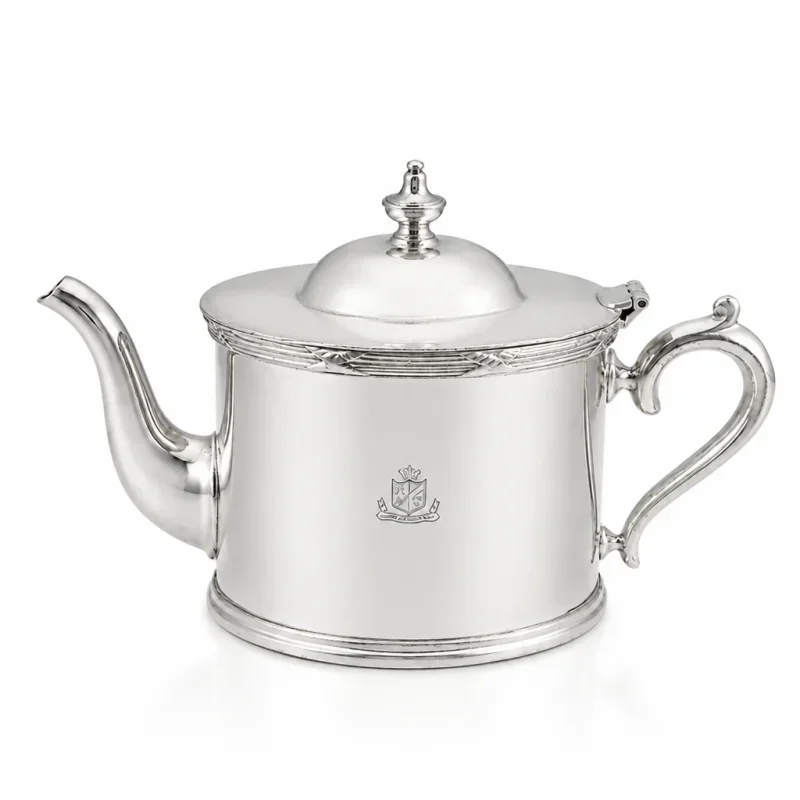 Antique Silver Plated Teapot with Engraved Coat of Arms Classical Cylindrical Tea Metal Tea Kettle with Scroll Handle Hinged Lid