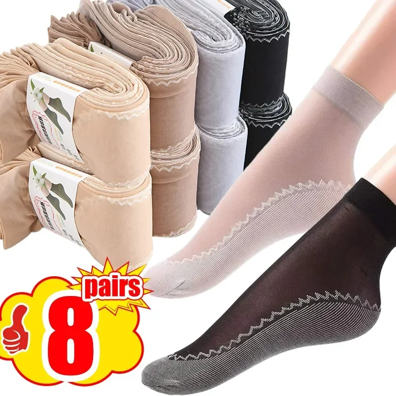 Anti-slip Boat Socks Spring Summer Ice Silk Ultra Thin Invisible Anti-hook Tranaparent Crystal Women Middle Tube Ankle Stockings