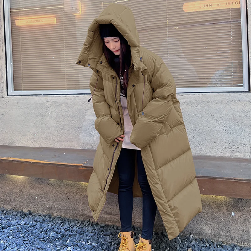 Winter Warm Coat Thickened Knee-length White Duck Down Coat Hooded Long Section Parka Fashion Big Quilt Lazy Wind Women\'s Coat