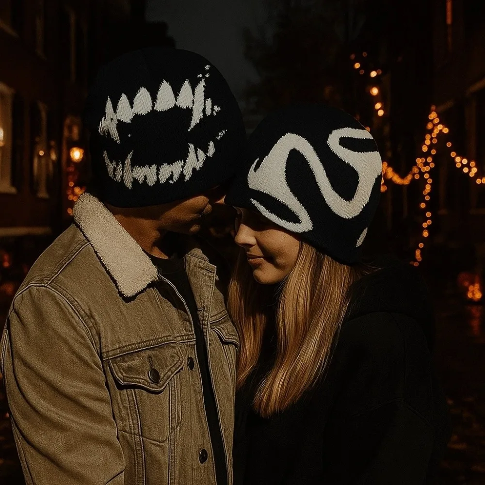 

Personality Elastic Y2K Knitted Hat Halloween Hip-hop Jacquard Woolen Hat Soft All-match Black White Pullover Cap Girls