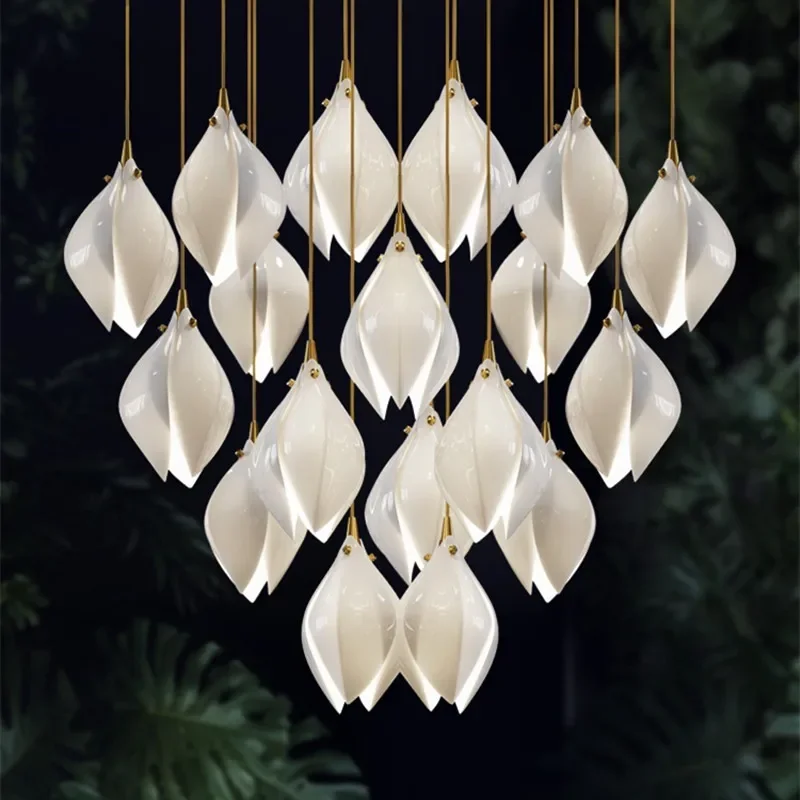 

Modern Ceramic Magnolia Flower G9 Led Chandeliers Villa Stairs Petal Led Hanging Pendant Lights White Luxury Led Lamp Fixtures