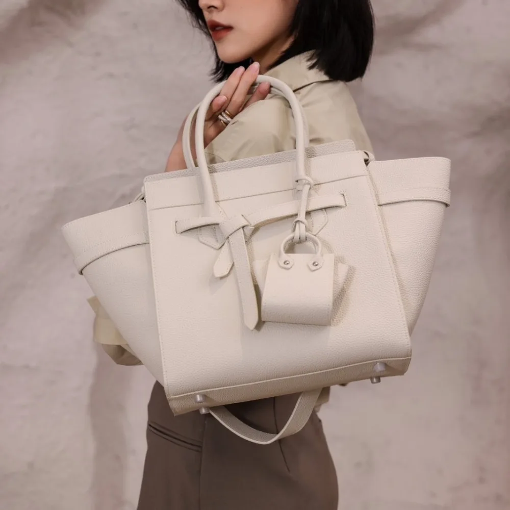 Early Spring Senior Feeling First Layer Cowhide Portable Vegetable Basket Tote Bag Large Capacity Shoulder Handbag Commuting