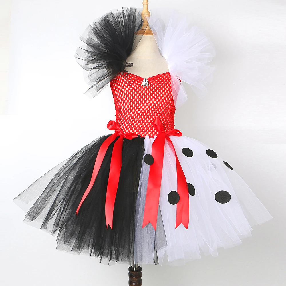 Black White Cruella Costumes for Girls Dalmatians Dog Fancy Dress for Kids Halloween Carnival Outfit Children Spotted Dog Tutus