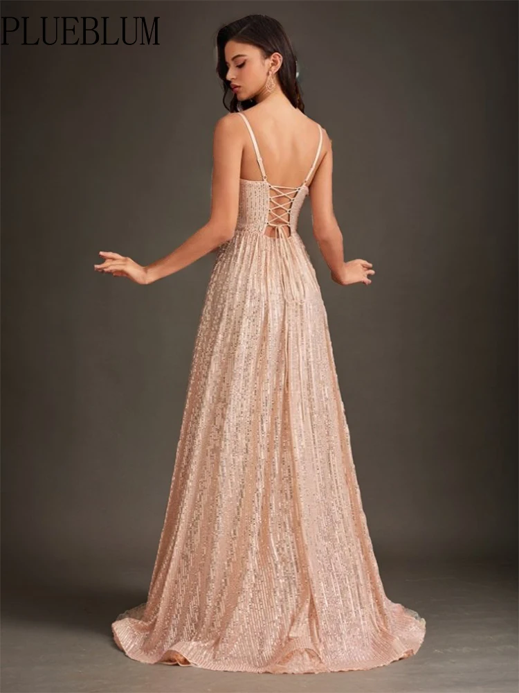 BLUEPLUM Elegant Sexy Backless Sequins Bue Formal Evening Dress Long 2025 Luxury Women A-line Gown Party Dresses Caicktail Prom