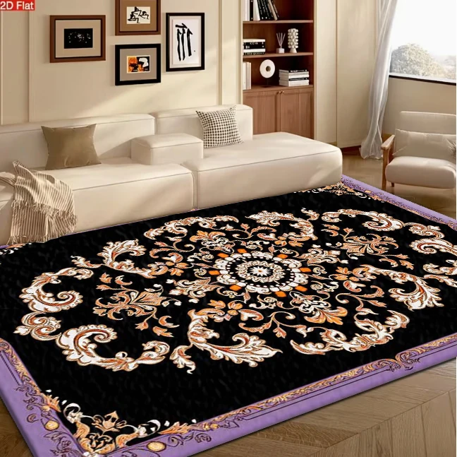 Luxury Black Purple Gold Baroque Ornate Medallion Carpet Flooring, European Vintage Royal Floral Scroll Print Area Rug for Living Room Bedroom Home Decoration