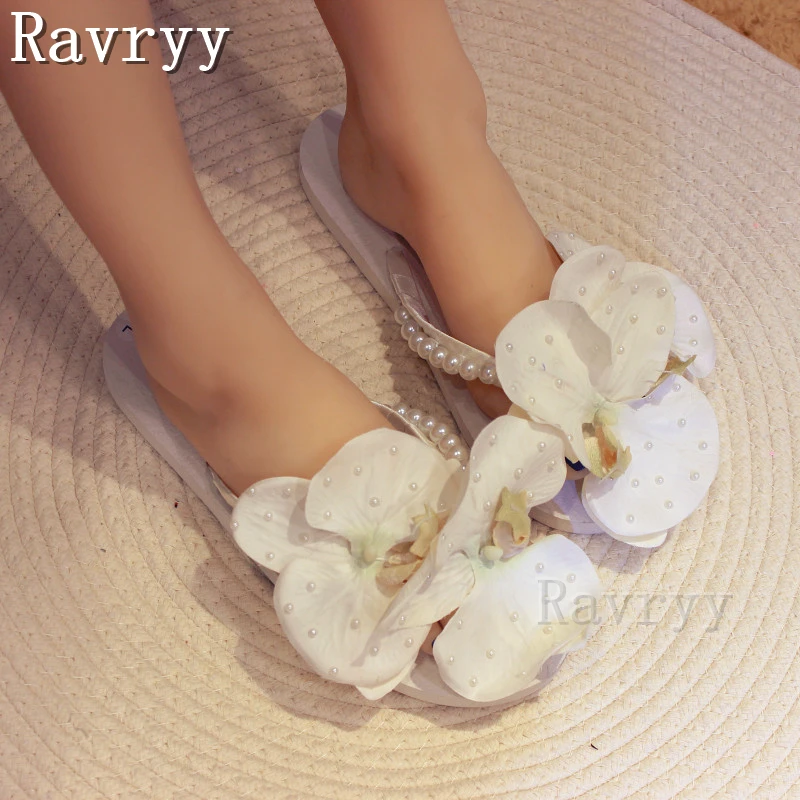 

Soft Soled Flower Pearl Flip-Flops Slippers Butterfly Orchid Decor Sweet White Beach Shoes Girls Outdoor Dress Summer Shoes