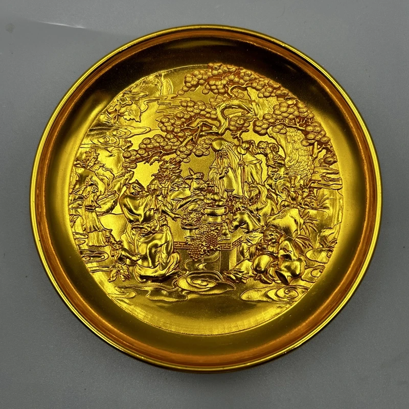 

Antiques, small plates, old birthday plates, gilt decorations, home craft ornaments, bronze ware