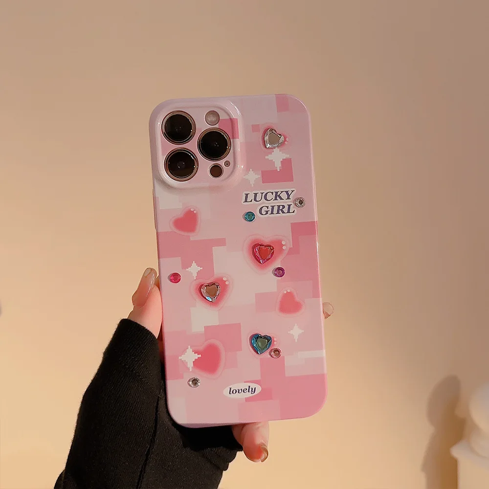 Koreanische Y2K DIY Bunte Diamant Liebe Herz Telefon Fall Für iPhone 17 16 15 14 13 12 11 Pro Max XS XR X 7 8 Plus Stoßfest Abdeckung