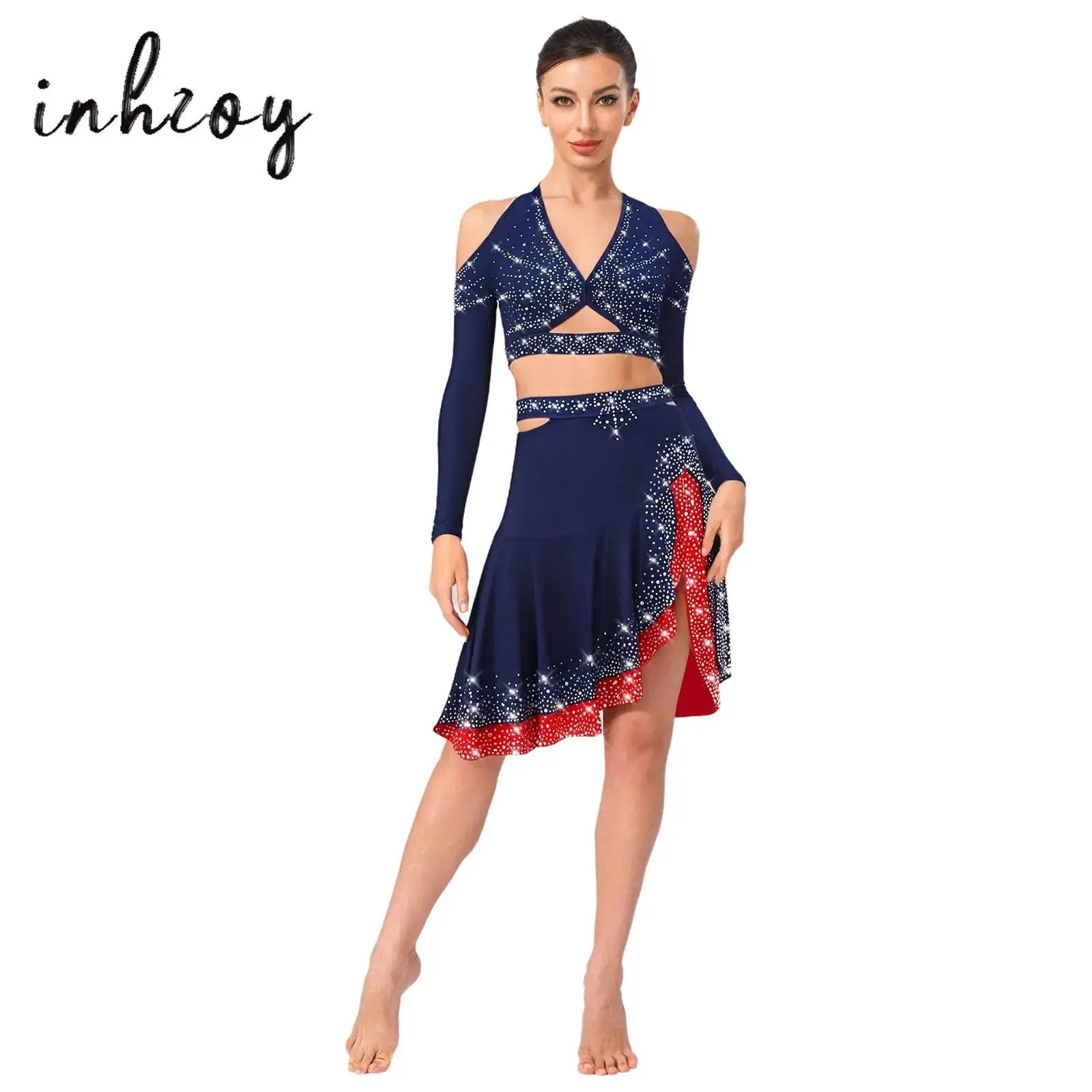 

Women 2Pcs Jazz Latin Dance Costumes Shinny Rhinestones Halter Long Sleeve Deep V-Neck Backless Crop Top Sides Cut Ruffled Skirt