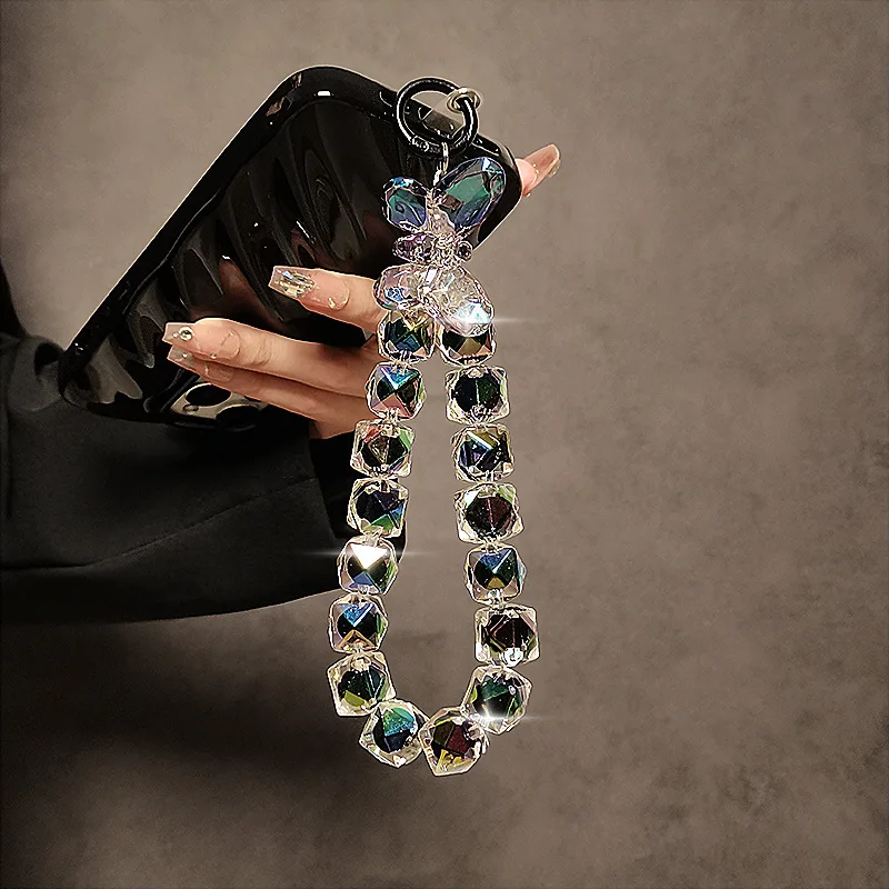 Luxury Phone Lanyard Crystal Shiny Acrylic Bow Phone Charms Short Wrist Chain Can Be Carried By Hand Hanging Chain Bead Pendant