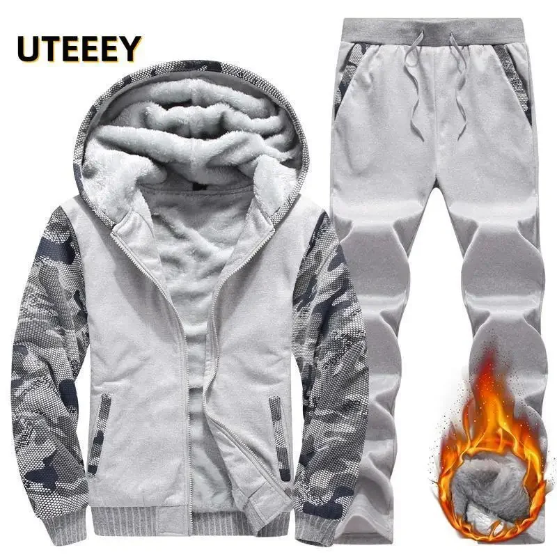 2023 Winter Tracksuit Casual Men Sets Sweatshirt Sporting Running Fleece Thick Fur Warm Hooded Jacket With Pant Male Sportswear