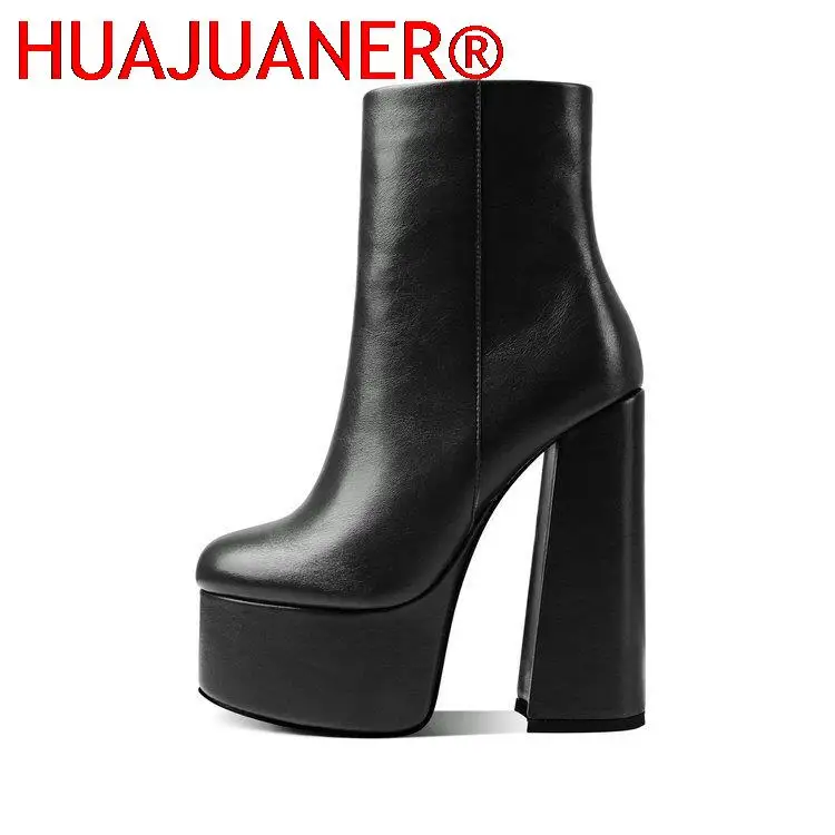 

2023 Women Ankle Boots Platform Square High Heel Ladies Motorcycle Boots Faux Leather High High Quality Women's Boots Black