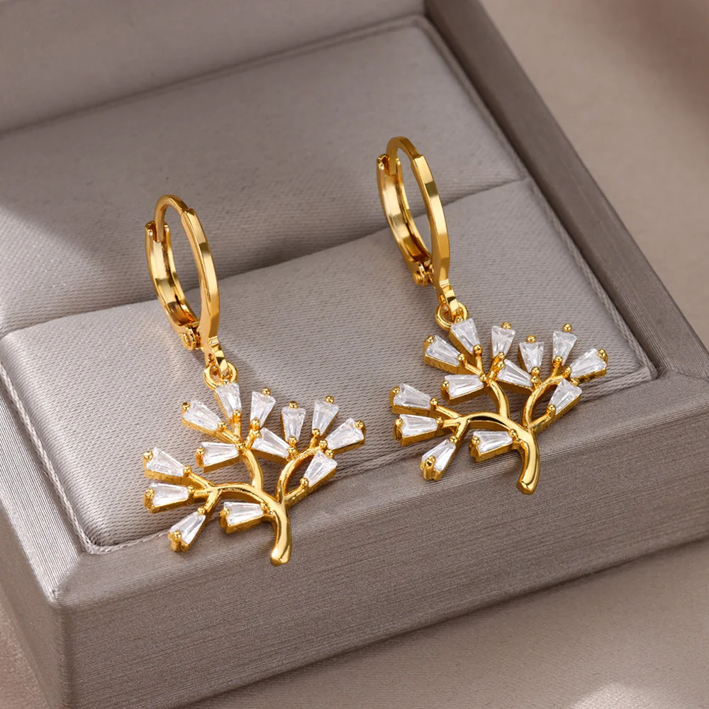 Pendientes de aro de acero inoxidable para mujer, arete de Color dorado con forma de árbol de la vida, mariposa, circonita, ojos malvados, regalo de joyería, novedad de 2023