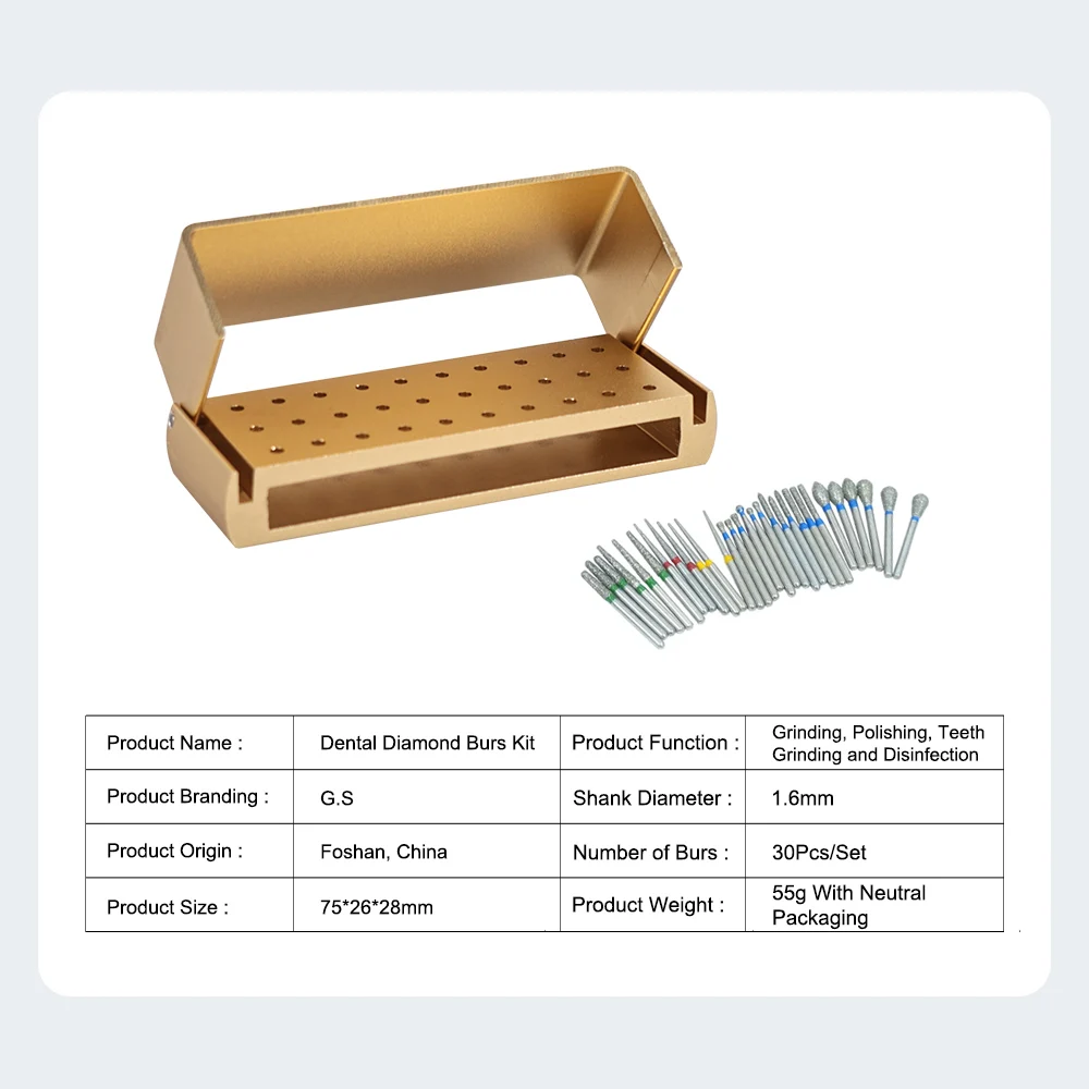 ELIJAH Colorful 30 Pcs/Set Aluminium Dental Burs Kit With Holder Burs For High Speed Handpiece Turbine Burs Disinfection Box