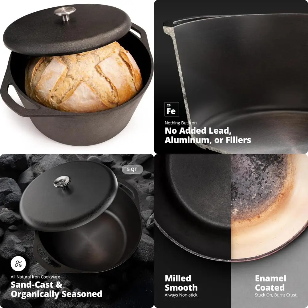 

10-Inch Cast Iron Dutch Oven with Lid, 5 Quarts, Heavy-Duty Cooking Pot for Home Chefs